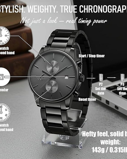 Stylish Stainless Steel Chronograph Watches for Men with a Hefty, Solid-Build Feel — Waterproof Quartz Mens Watches with Auto Date & Second Subdials, Valentines Day Gifts for Him, Boyfriend, Husband, Dad