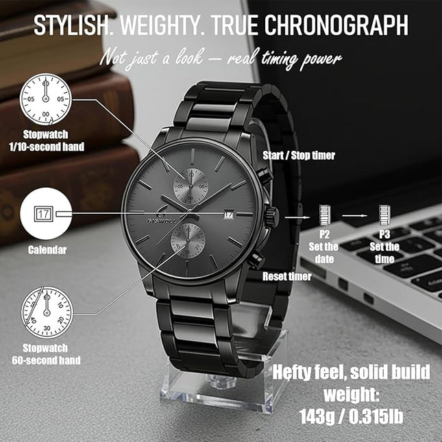 Stylish Stainless Steel Chronograph Watches for Men with a Hefty, Solid-Build Feel — Waterproof Quartz Mens Watches with Auto Date & Second Subdials, Valentines Day Gifts for Him, Boyfriend, Husband, Dad