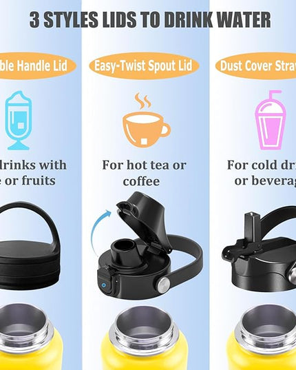 Water Bottle Insulated 32oz 40oz 64oz 128oz Straw Lid Spout Lid & 3 Lids, Leak Proof, Vacuum Insulated,Stainless Steel Water Bottle Wide Mouth for Sports, Gym or Office
