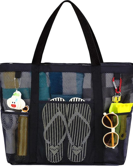 Mesh Beach Bag, Large Beach Tote with Zipper Pocket, Toys Pool Bag for Family Travel Vacation Cruise Essentials