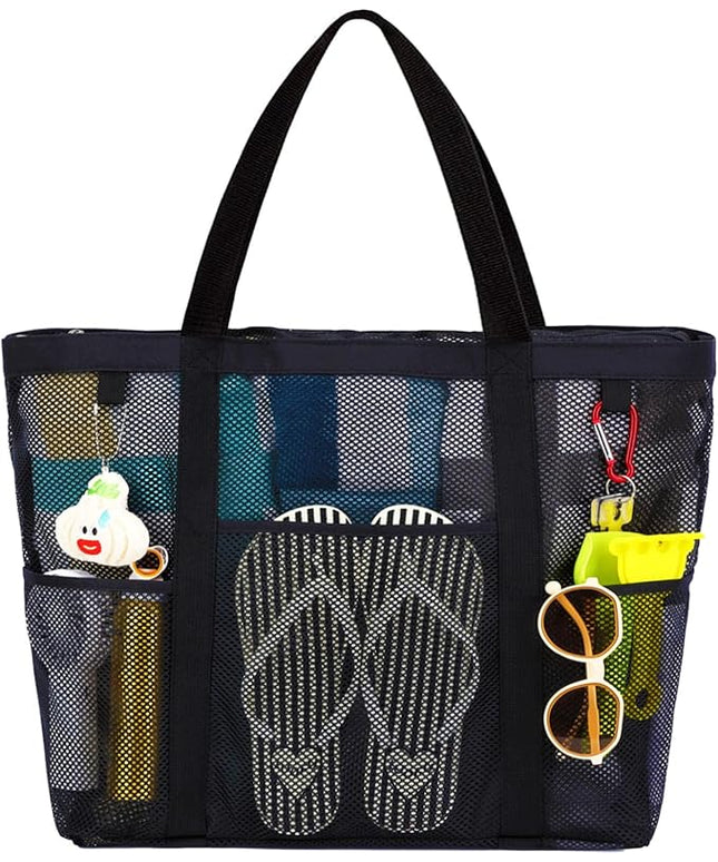 Mesh Beach Bag, Large Beach Tote with Zipper Pocket, Toys Pool Bag for Family Travel Vacation Cruise Essentials