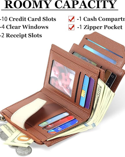 Airkit Small Wallet Women RFID Blocking Soft Leather Bifold Compact Card Holder Wallet for Women with Zipper Coin Pocket 4 ID Window