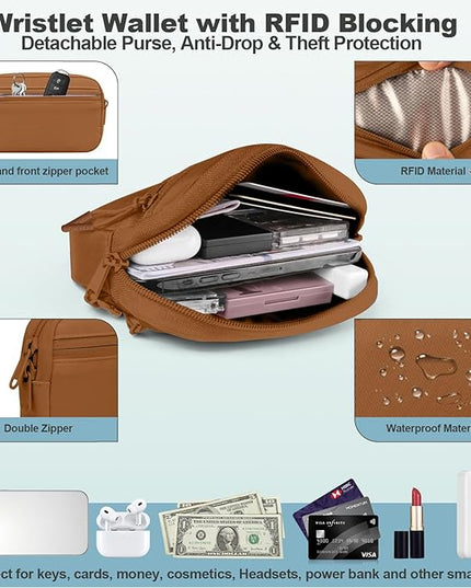 Clip and Go Strap for Phone with Wallet Crossbody, Adjustable Phone Lanyard with Detachable RFID Wristlet Wallet, Pattern Strap - Bronze(L)