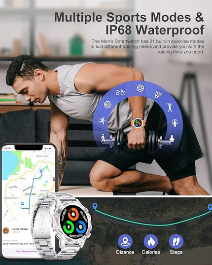 Military Smart Watch for Men(Answer/Dial Calls),1.39''HD Touchscreen,5ATM Waterproof Fitness Watch,100 Sports Modes, with Heart Rate/SpO2 for Android/iOS Smart Watch Silver