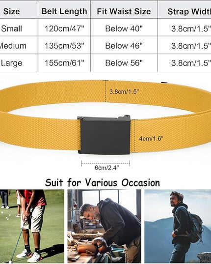 WHIPPY Canvas Web Belt Flip-Top Solid Black Military Buckle Fully Adjustable Mens Webbing Belts Cut To Fit