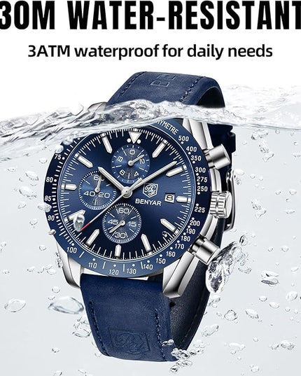 BY BENYAR Watch for Men Analog Quartz Chronograph Waterproof Luminous Designer Mens Wrist Watches Business Work Sport Casual Dress Watch with Silicone Strap Elegant Gifts for Men
