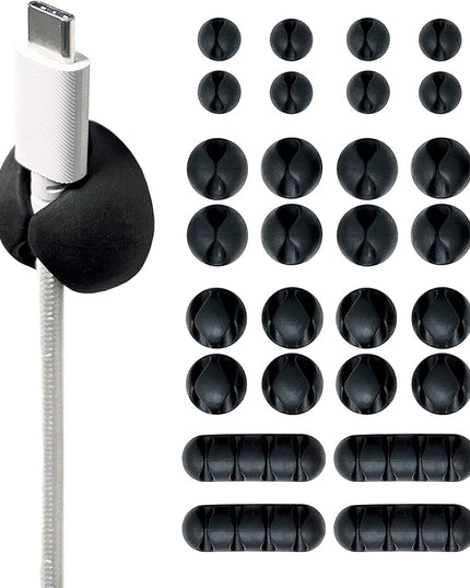 Wrap-It Storage Cable Clips - (Assorted 28-Pack) Black - Desk and Nightstand Cable Holder for Phone and Bedside Table Cord Organizer