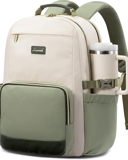 LOVEVOOK Laptop Backpack for Women with Pouch Pocket for Large Capacity Cup,17 Inch Laptop Computer Bag Travel Backpack Purse,Waterproof Work College Teacher Bags,White-Bean Green-Dark Olive Green