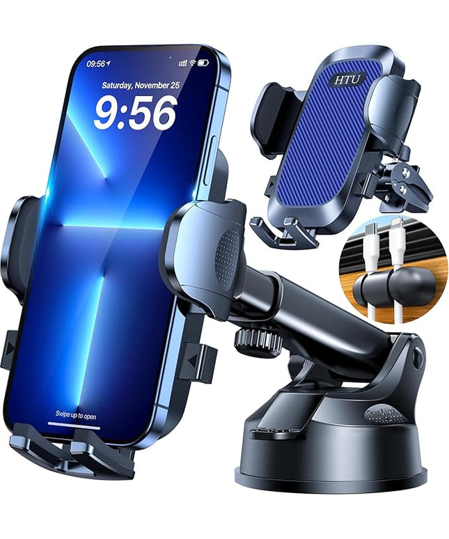 HTU [True Military-Grade] 2025 Upgraded Car Phone Holder 【Safety Certs & No Smell】 Cell Phone Holder for Car Mount for Dashboard Windshield Air Vent Long Arm Thick Case,Sapphire Blue