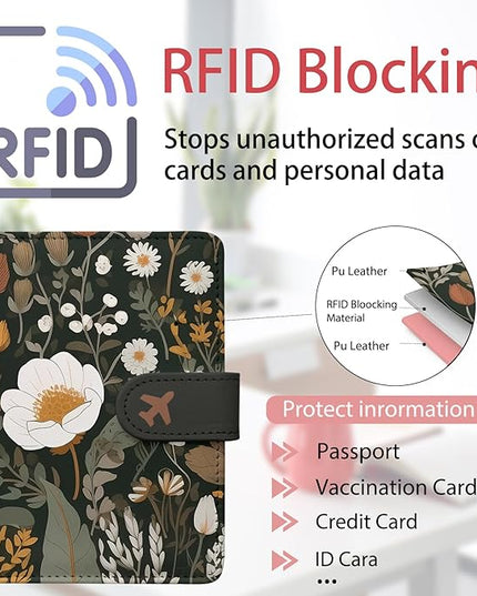 Passport Holder, Travel Wallet Cover with Pen Loop | Cute RFID Blocking Leather Case with Magnetic Closure for Travel Essentials-flower