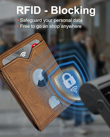 miyozi Airtag Wallet for Men,with Cash Pocket 2 ID Window 13 Cards,Slim Leather Wallet Front Pocket Card Holder RFID Blocking with Gift Box