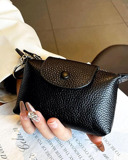 Plinvo Vintage Genuine Leather Coin Purse Keychain for Women Mini Zip Wallet Change Pouch Black (Black)