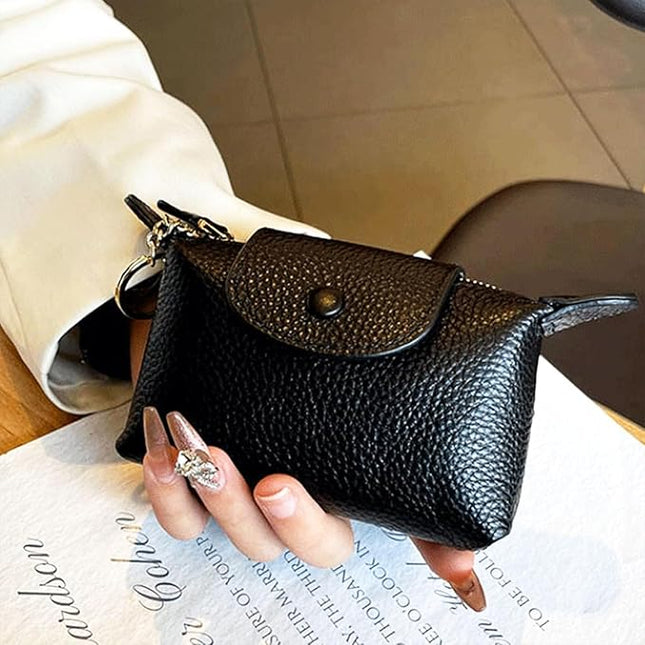 Plinvo Vintage Genuine Leather Coin Purse Keychain for Women Mini Zip Wallet Change Pouch Black (Black)