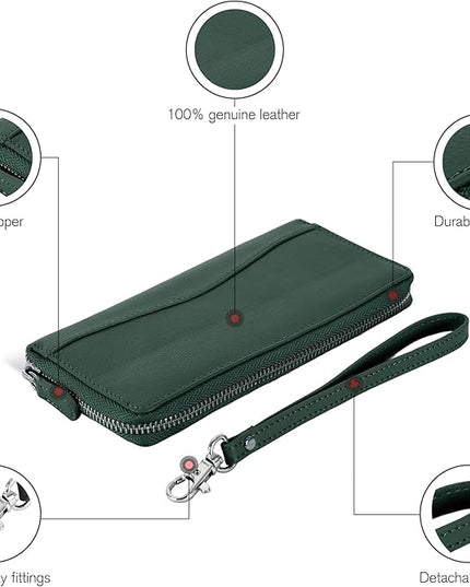 Oak Leathers Green Leather Wallet for Women - Medium RFID Womens Wallet Clutch with 8 Credit Card Holder, Coin Pocket, Gift for Women’s