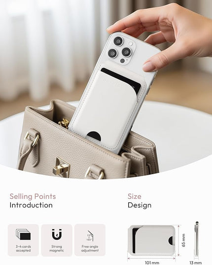 Magnetic Card Holder, White 3-Slots Slim Magnetic Wallet for iPhone with RFID Blocking, Adjustable iPhone Wallet Stand for iPhone 17/16/15/14/13/12/ Series, Not for iPhone 13 / 12mini