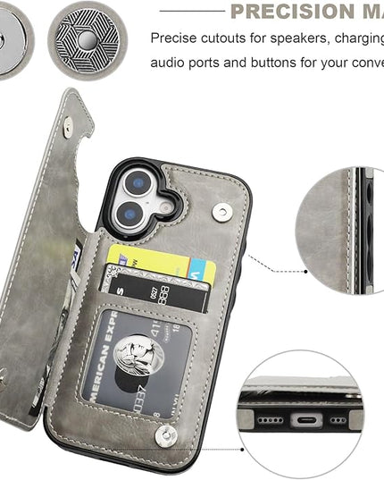 ONETOP Compatible with iPhone 17 Wallet Case with Card Holder, PU Leather Kickstand Card Slots Case, Double Magnetic Clasp and Durable Shockproof Cover 6.3 Inch (Gray)