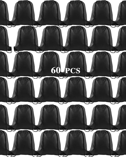 KUUQA 60Pcs Black Drawstring Backpack Bag Sack Drawstring Bags Bulk String Bags Storage Bags for Sport Gym Traveling