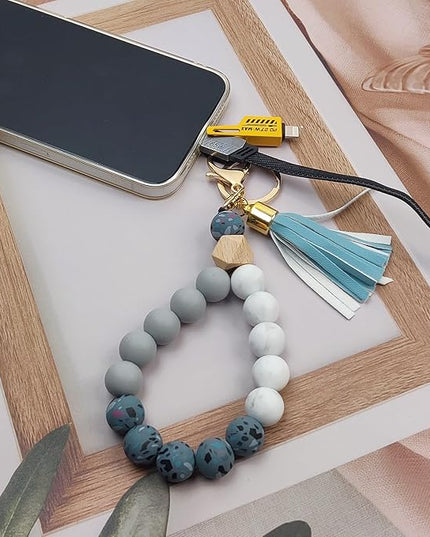 Phone Lanyard Silicone Beaded Phone Wrist Strap Cute Elastic Cell Phone Wristlet Chain Bracelet with 2 Tether Tab