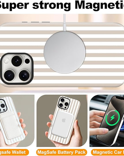 Magnetic for iPhone 16 Pro Max Case Cute Stripes Phone Case, Shockproof Slim TPU and Hard PC Protective Phone Cover Compatible with MagSafe Designed for Women Girls, Apricot