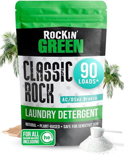 Rockin' Green Classic Rock Laundry Detergent (90 Loads), Plant based, All Natural Laundry Detergent Powder, Vegan and Biodegradable Odor Fighter, Safe for Sensitive Skin, 45 oz (AC/DSea Breeze)
