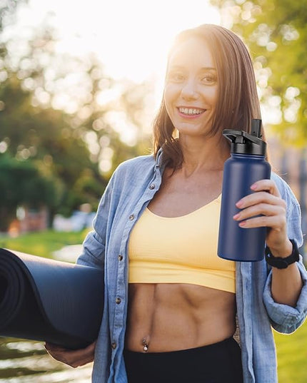 DOMICARE 32 oz Insulated Water Bottle, Vacuum Insulated Stainless Steel Sports Water Bottle with Straw Lid & Spout Lid, Leakproof, Reusable - Travel, Camping, Bike, Navy Blue