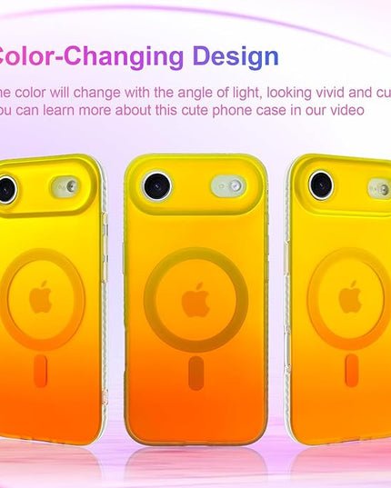 Aesthetic Case for iPhone Air Case for Women Girls [Compatible with Magsafe] Cute Girly Trendy Glitter Sparkly Rainbow Magnetic Protective Phone Cover, Matte Iridescent Yellow & Orange