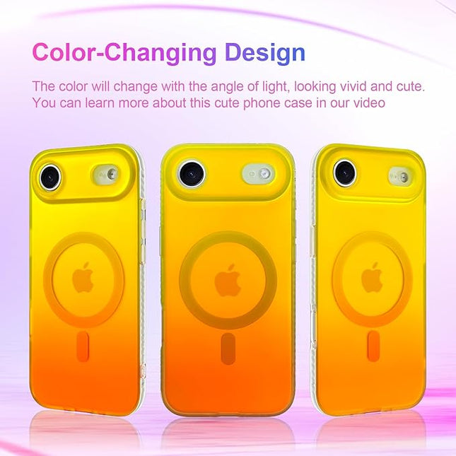 Aesthetic Case for iPhone Air Case for Women Girls [Compatible with Magsafe] Cute Girly Trendy Glitter Sparkly Rainbow Magnetic Protective Phone Cover, Matte Iridescent Yellow & Orange