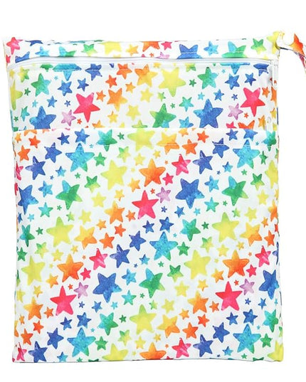 Wet Bag Baby Cloth Diaper Nappy Reusable Washable With Two Zippered Pockets (Rainbow Stars)