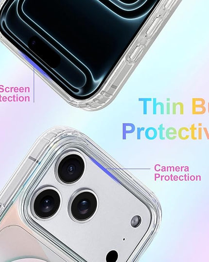 Cute Case for iPhone 17 Pro Case for Women Girls [ Compatible with Magsafe ] Clear Glitter Girly Aesthetic Rainbow Sparkly Bling Magnetic Phone Cover, Iridescent Geometry