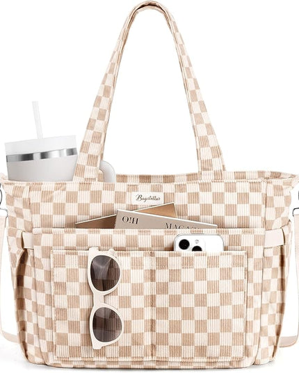 Corduroy Tote Bag for Women, 17 Pockets Laptop Work Tote Bag Lightweight Teacher Nurse Bible Bag for School Travel | with 40oz Cup Holder, Multi Compartment, Zipper Crossbody Bag, College Shoulder Bag, Daily Purse w/ Strap, Ideal Gift for Women