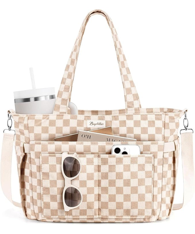 Corduroy Tote Bag for Women, 17 Pockets Laptop Work Tote Bag Lightweight Teacher Nurse Bible Bag for School Travel | with 40oz Cup Holder, Multi Compartment, Zipper Crossbody Bag, College Shoulder Bag, Daily Purse w/ Strap, Ideal Gift for Women