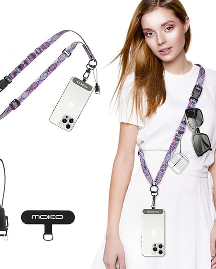 MoKo Boho Universal Phone Lanyard, Nylon Adjustable Cell Phone Crossbody Strap Detachable Women & Men Cellphone Lanyards Around the Neck with Patches for iPhone, Most Smartphones, Boho Colorful