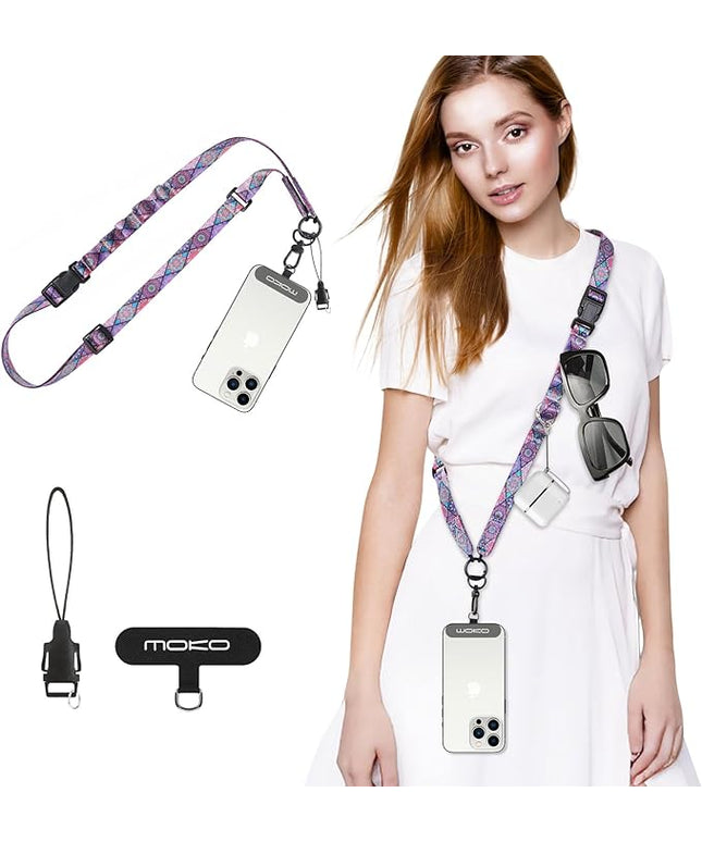 MoKo Boho Universal Phone Lanyard, Nylon Adjustable Cell Phone Crossbody Strap Detachable Women & Men Cellphone Lanyards Around the Neck with Patches for iPhone, Most Smartphones, Boho Colorful