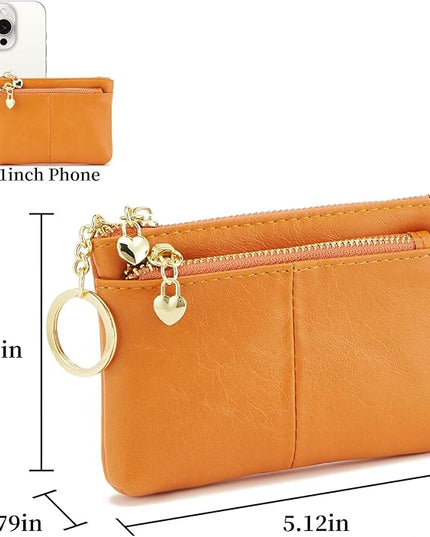 ZOOEASS Women PU Leather Zip Mini Coin Purse With Key Ring Triple Zipper Card Holder Wallet (Orange)