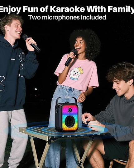 Karaoke Machine for Adults with 2 Wireless Microphones,Stereo Pairing Portable Bluetooth Speaker with Bass Adjustment,LED,Support FM/USB/AUX