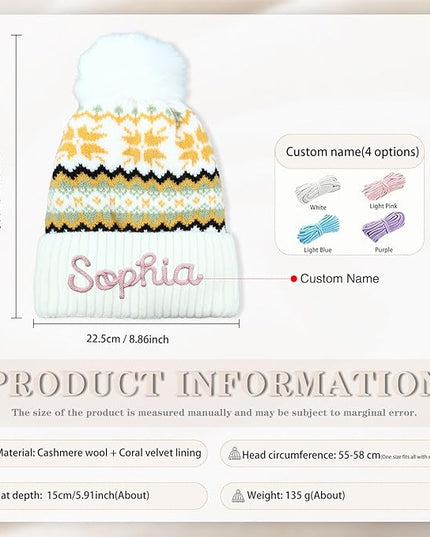 Personalized Beanie for Women Custom Knit with Name, Winter Hat with Pom Pom, Soft Lined Warm Hat, Birthday Gift