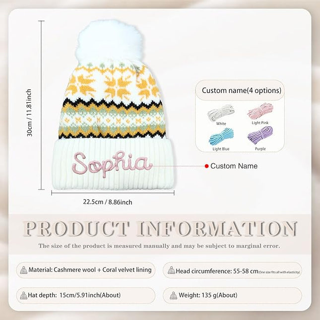 Personalized Beanie for Women Custom Knit with Name, Winter Hat with Pom Pom, Soft Lined Warm Hat, Birthday Gift