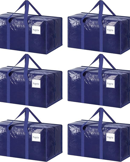 6 Pack Extra Heavy Duty Large Moving Bags with Strong Zipper & Comfortable Handles, Sturdy & Durable Clothes Storage Bags Totes Bins, Blue Packing Moving Boxes for College Supplies, Dark Blue