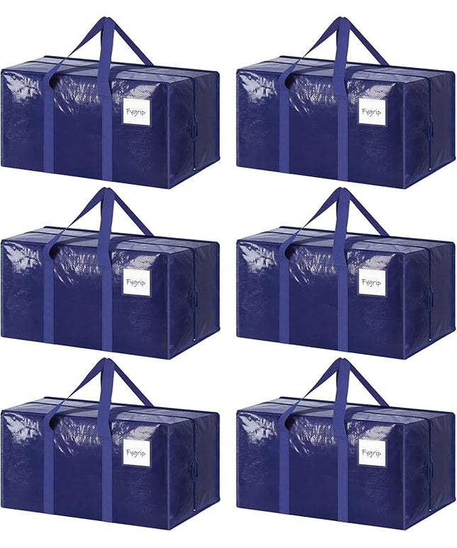 6 Pack Extra Heavy Duty Large Moving Bags with Strong Zipper & Comfortable Handles, Sturdy & Durable Clothes Storage Bags Totes Bins, Blue Packing Moving Boxes for College Supplies, Dark Blue