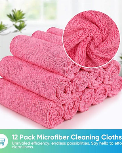 HOMEXCEL Pink Microfiber Cleaning Cloth, 12 Pack Premium Microfiber Towels for Cars, Lint Free, Scratch-Free, Highly Absorbent, Reusable Cleaning Rags for Car, Household, Kitchen, Window, 11.5"X11.5"