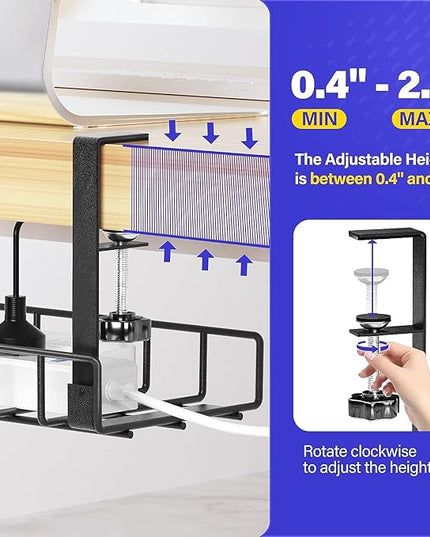 Under Desk Cable Management Tray 2 Pack, Xpatee Wire Management No Screws, Cable Tray with Clamp for Wire Management, Computer Code Rack for Office, Home - No Damage to Desk Black