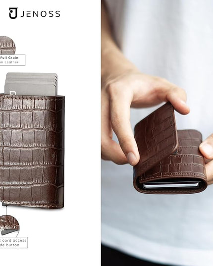 Jenoss Smart Wallet For Men: Full Grain Leather, Handcrafted, Slide Metal Pop Up Case, Slim RFID Blocking Credit Card Holder, Minimalist, Compact, 6-8 Cards Organizers, Front Pocket, Clip (Burgandy)