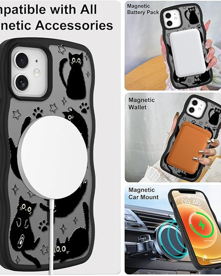 Cute Case for iPhone 12 Case [Compatible with MagSafe] with Kawaii Black Cats Cat Print Pattern Design for Women Girls, Soft Wavy Edge Anti-Slip Animal Magnetic Protective Phone Cover