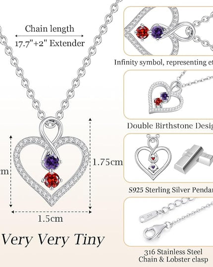 LOUISA SECRET Infinity Double Birthstone Necklace, 925 Sterling Silver Tiny Pendant Heart Necklace for Women Wife Her, Best Jewelry Gift Heart Jewelry Meaningful Gift for Valentine's Day, Christmas, Birthday Anniversary