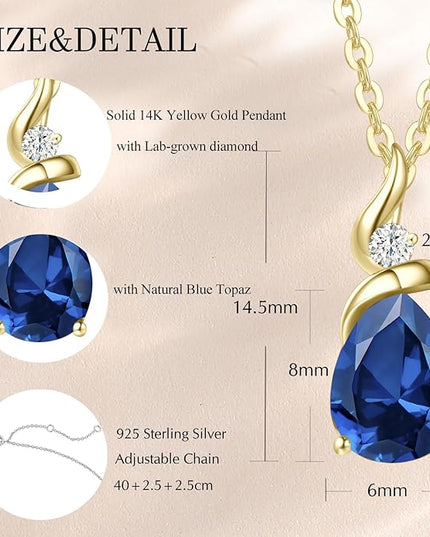 FANCIME 14K Solid Yellow Gold Birthstone Pendant Necklace for Women with Diamond Pear Shaped Teardrop Necklace Birthday Gifts for Mom Women Sterling Silver Chain 16" + 2" Extender