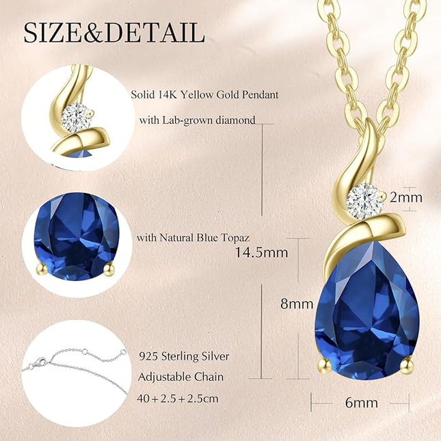 FANCIME 14K Solid Yellow Gold Birthstone Pendant Necklace for Women with Diamond Pear Shaped Teardrop Necklace Birthday Gifts for Mom Women Sterling Silver Chain 16" + 2" Extender