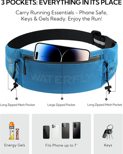 WATERFLY Running Belt Fanny Pack: Breathable 3 Pocket Waist Bag for Men Women Workout Exercise Fitness Phone Holder Fits All Phones - Runner Marathon Jogging Race Belt with Bib Clip Blue