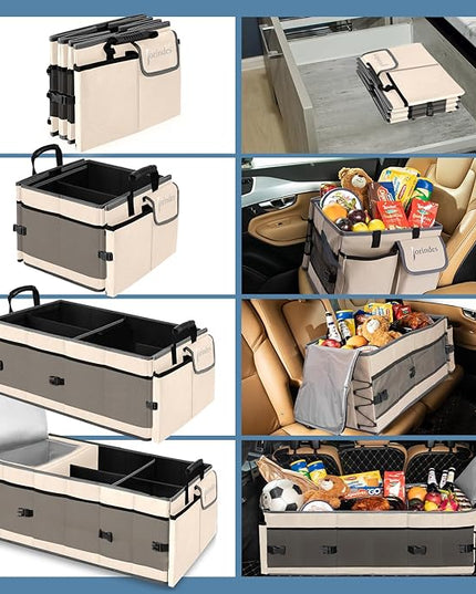 Trunk Organizer with Built-in Insulated Leak Proof Cooler Bag,Collapsible Cargo Organizer for SUV with Non Slip Bottom Strips,3 Large Compartments Foldable Waterproof Portable Car Storage Box