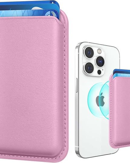 Magnetic Wallet Cell Phone Card Holder for Phone Case with Mag-Safe, Stronger Magnetic RFID Leather Phone Wallet Stick on Series of iPhone 17/16/15/14/13/12 and Pro/Promax, Pink