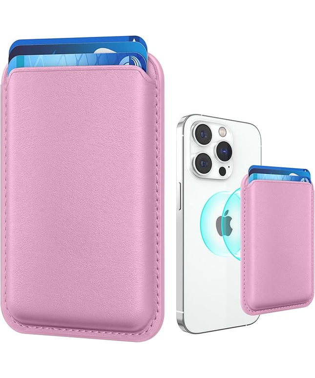 Magnetic Wallet Cell Phone Card Holder for Phone Case with Mag-Safe, Stronger Magnetic RFID Leather Phone Wallet Stick on Series of iPhone 17/16/15/14/13/12 and Pro/Promax, Pink